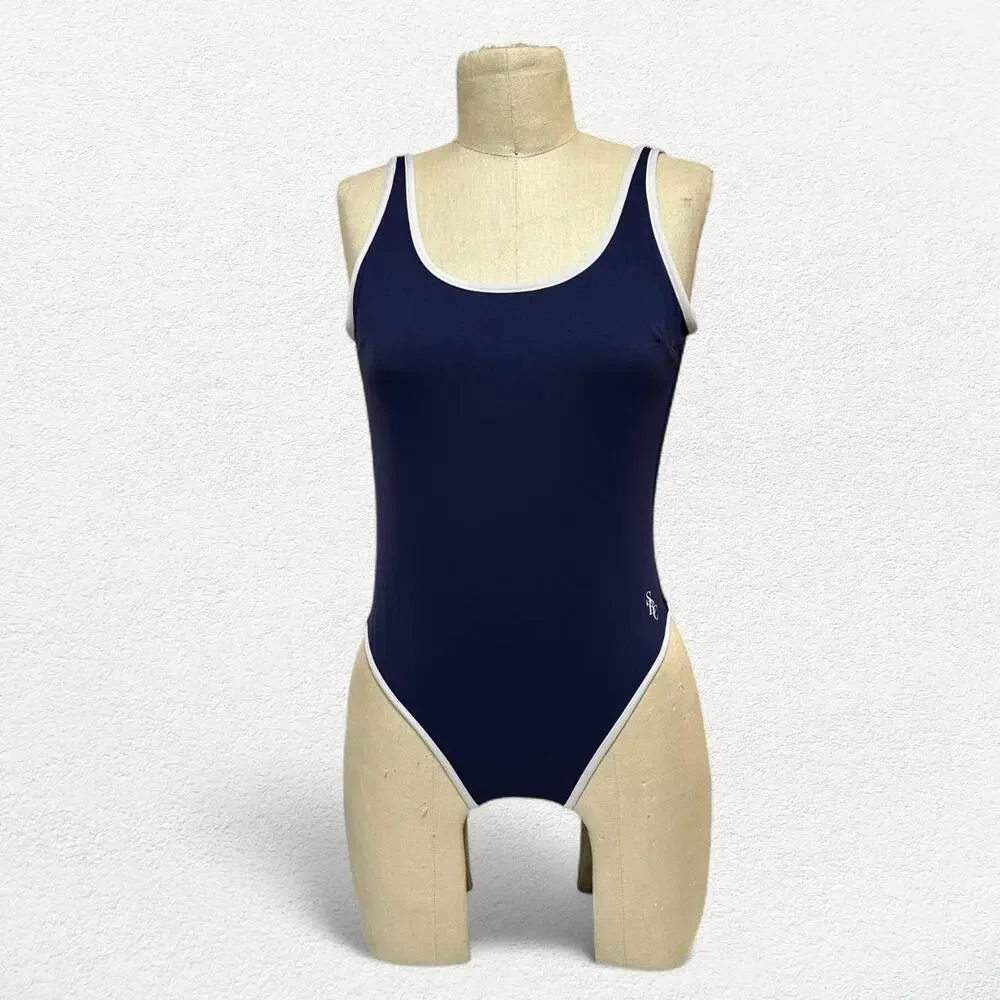 Sporty & Rich Carla Open Back One Piece Swimsuit in Navy Blue & White